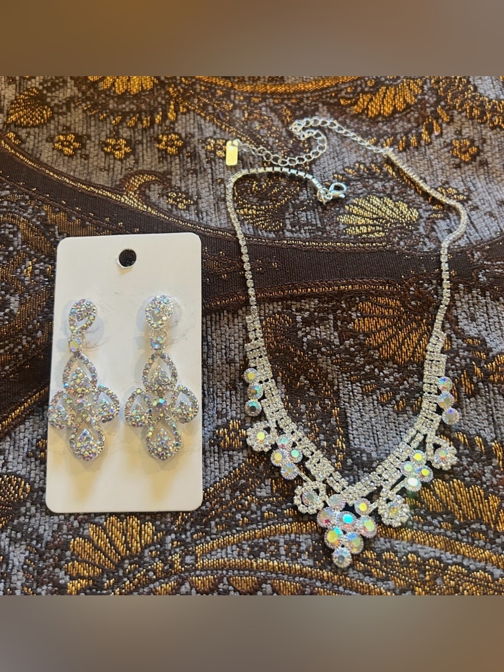 Bundle of matching Crystal Flower Drop Earrings and Necklace Set - Silver-Tone